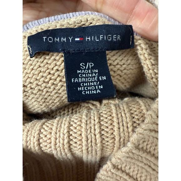 y2k Vintage Tommy Hilfiger Tan Cable Knit Fisherman Sweater Turtle Neck Womens S - Picture 6 of 10